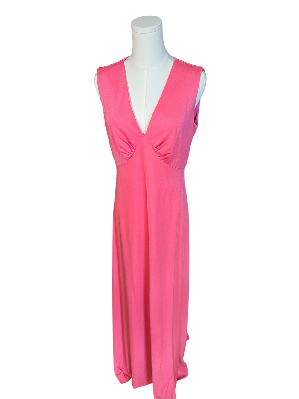Vintage Hot Pink Plunging Maxi Dress | Stretch Knit Sleeveless Gown